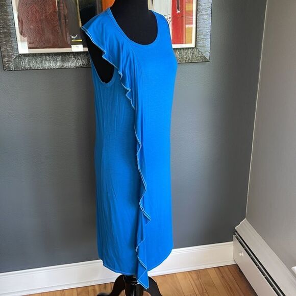 Three Dots royal blue wide side/shoulder ruffle stretch jersey sleeveless midi. - Picture 4 of 8